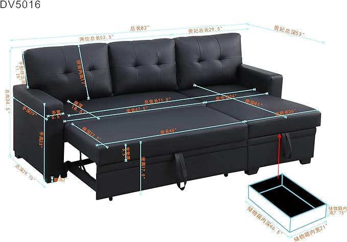 82" L Shaped Pull Out Couch Bed with Storage Chaise,Faux Leather Upholstered Convertible Sectional Sofa W/ 3 Removable Back Cushions for Living Room,Apartment,Office,Black - LeafyLoom