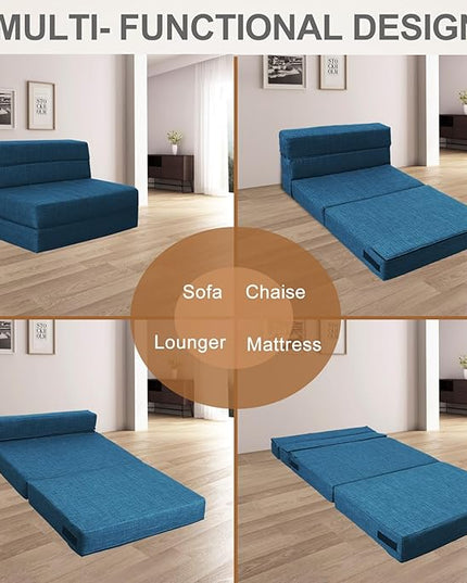 Folding Sofa Bed Couch Memory Foam with Pillow Sleeper Chair Lazy Couch Twin Size Futon Convertible Guest Beds,Washable Cover,Dark Blue - LeafyLoom