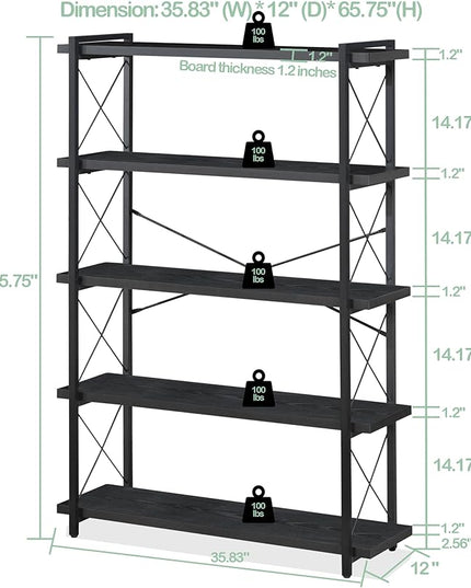 HCHQHS Bookshelf, 5-Tier Industrial Bookcase, Black Open Book Shelf, Freestanding Tall Bookshelves with Metal Frame - LeafyLoom