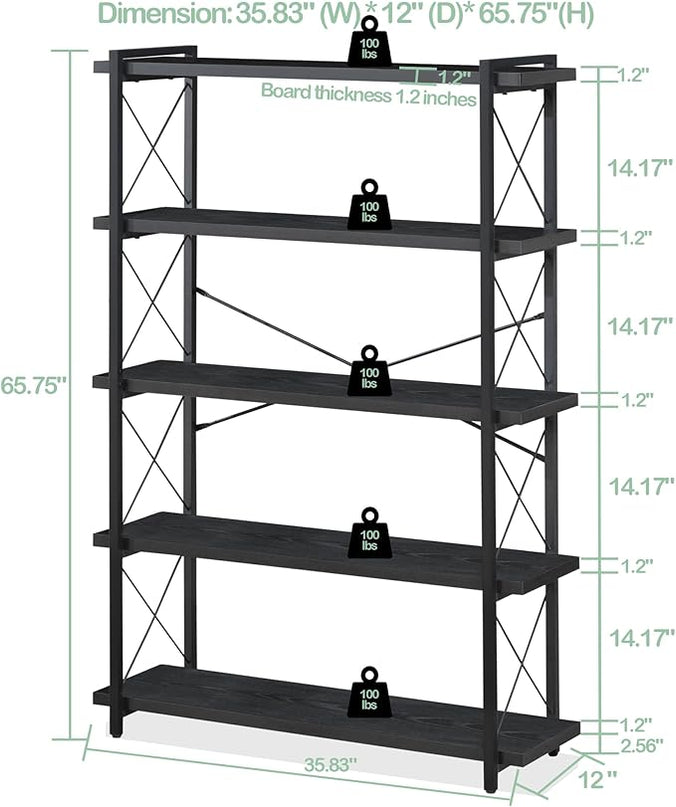 HCHQHS Bookshelf, 5-Tier Industrial Bookcase, Black Open Book Shelf, Freestanding Tall Bookshelves with Metal Frame - LeafyLoom