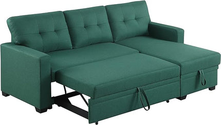 82 Inch Convertible L Shaped Sleeper Sectional Sofa Linen with Storage Chaise, Pull Out Bed,Reversible Corner Couch Design, 82inch, Green - LeafyLoom