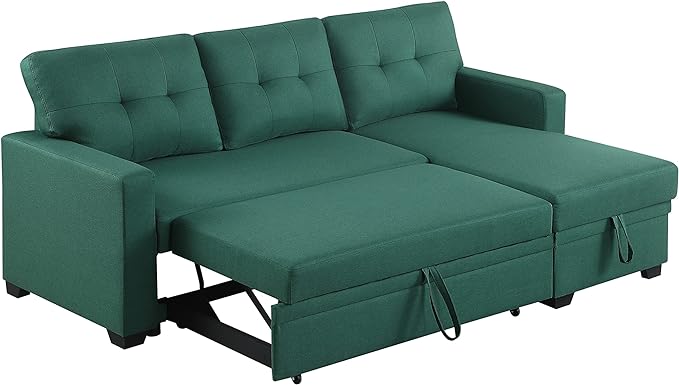 82 Inch Convertible L Shaped Sleeper Sectional Sofa Linen with Storage Chaise, Pull Out Bed,Reversible Corner Couch Design, 82inch, Green - LeafyLoom