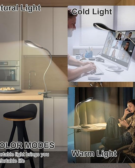 Desk lamp Eye-Caring Table Lamps, 360°Rotation Gooseneck Clip on Lamp Reading Light, Portable Reading Book Light, Clamp Light, Study Desk Lamps for Bedroom and Office Home Lighting (Black-C02) - LeafyLoom