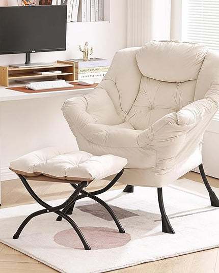Lazy Chair with Ottoman, Modern Chair with Folding Footrest, Lounge Accent Chair, Comfortable Reading Chair, Oversized Armchairs for Bedroom, Study, Living Room, Courtyard (Beige) - LeafyLoom