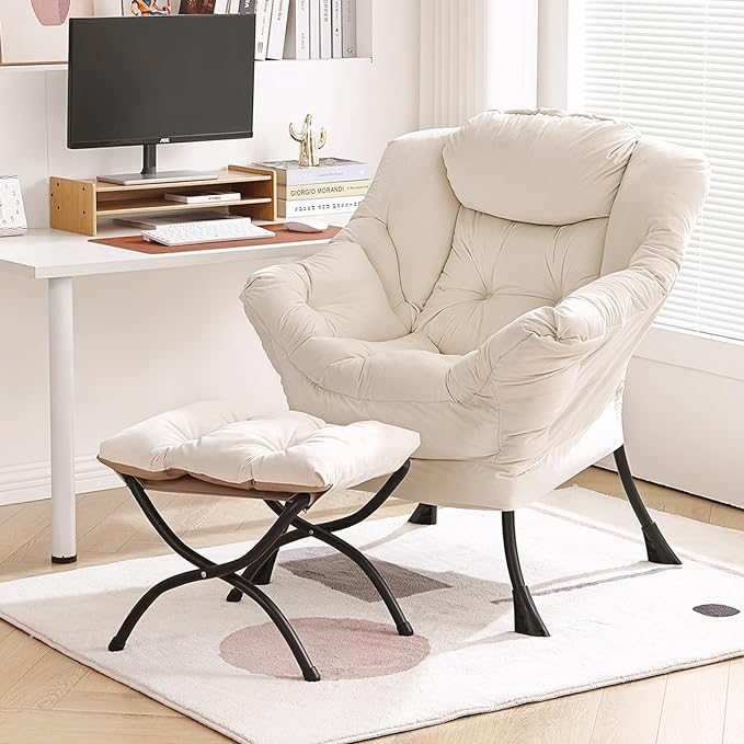 Lazy Chair with Ottoman, Modern Chair with Folding Footrest, Lounge Accent Chair, Comfortable Reading Chair, Oversized Armchairs for Bedroom, Study, Living Room, Courtyard (Beige) - LeafyLoom