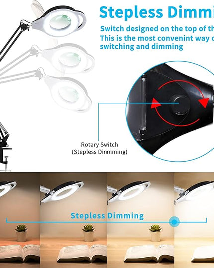 10X Magnifying Lamp with Clamp, KIRKAS 2200 LM Super Bright and Stepless Dimming Magnifying Glass with Light, Real Glass Lens Lighted Magnifier Light for Close Work, Crafts, Reading, Repair - Black - LeafyLoom
