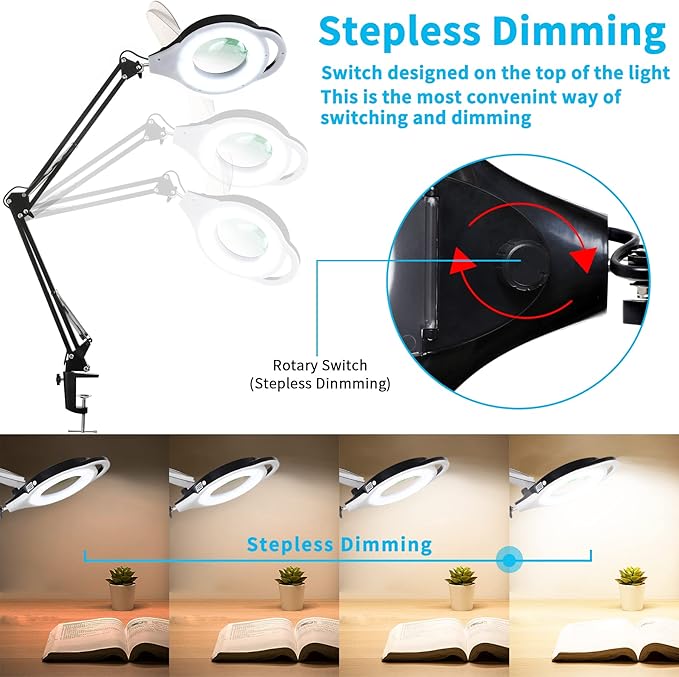 10X Magnifying Lamp with Clamp, KIRKAS 2200 LM Super Bright and Stepless Dimming Magnifying Glass with Light, Real Glass Lens Lighted Magnifier Light for Close Work, Crafts, Reading, Repair - Black - LeafyLoom