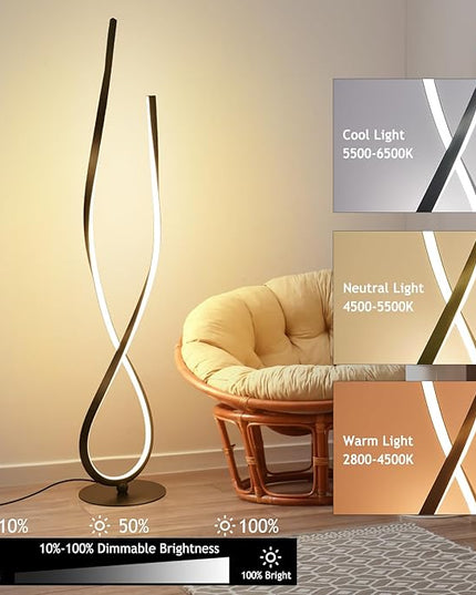 NUÜR Spiral Floor Lamp, 59" Tall Black LED Modern Standing Floor Lamp with Remote Control, Arched Bright Floor Lamps for Living Room Bedroom Office Home (Spiral Floor Lamp) - LeafyLoom