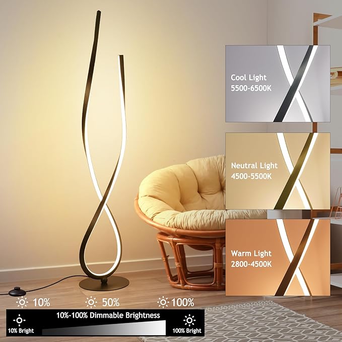 NUÜR Spiral Floor Lamp, 59" Tall Black LED Modern Standing Floor Lamp with Remote Control, Arched Bright Floor Lamps for Living Room Bedroom Office Home (Spiral Floor Lamp) - LeafyLoom
