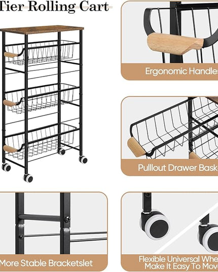 Slim Rolling Storage Cart,4-Tier Rolling Kitchen Cart,Narrow Utility Cart with Pull-Out Basket and Wooden Top,for Ktichen,Bathroom,Laundry Room,Small Space,Rustic Brown - LeafyLoom