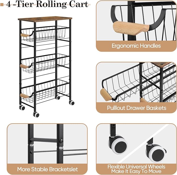 Slim Rolling Storage Cart,4-Tier Rolling Kitchen Cart,Narrow Utility Cart with Pull-Out Basket and Wooden Top,for Ktichen,Bathroom,Laundry Room,Small Space,Rustic Brown - LeafyLoom