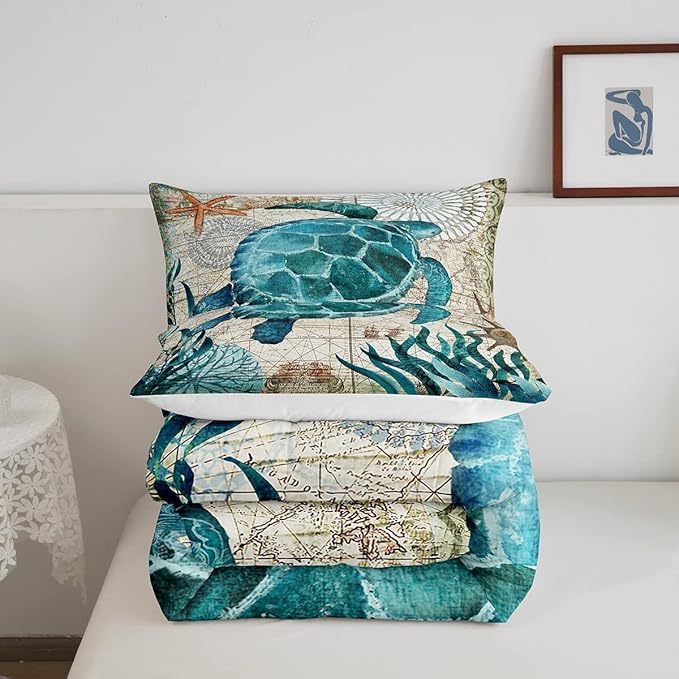 Turtle Bedding Teal Turtle Comforter Set Turquoise Ocean Themed Mediterranean Style Printed Design Ocean Turtle Down Comforter Quilted Duvet Set King Size 1 Comforter 2 Pillowcases (King, Turtle) - LeafyLoom
