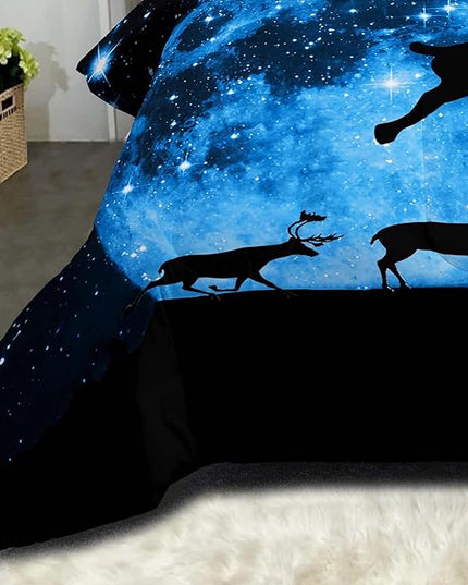 NINENINE Galaxy Deer Comforter Queen Size for Boys Girls Kids,Blue Moonlight Bedding Sets,Outer Space Bedding Set with 1 Comforter 2 Pillowcases - LeafyLoom