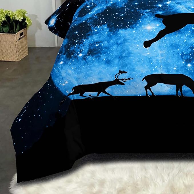 NINENINE Galaxy Deer Comforter Queen Size for Boys Girls Kids,Blue Moonlight Bedding Sets,Outer Space Bedding Set with 1 Comforter 2 Pillowcases - LeafyLoom