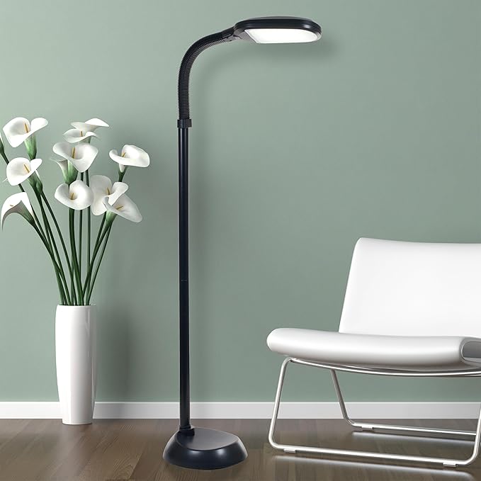 Bedford Home LED Floor Lamp - Full Spectrum Natural Sunlight Lamp with Bendable Neck - Dimmable Reading, Craft, and Esthetician Light (Midnight Black) - LeafyLoom