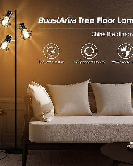 Industrial Floor Lamp, Standing Lamp, Farmhouse Tree Floor Lamp with 3pcs 6W Edison Bulbs, Free Adjustable Cage Heads, Independent Control, Floor Lamp for Living Room, Bedroom, Office, Rustic Home - LeafyLoom