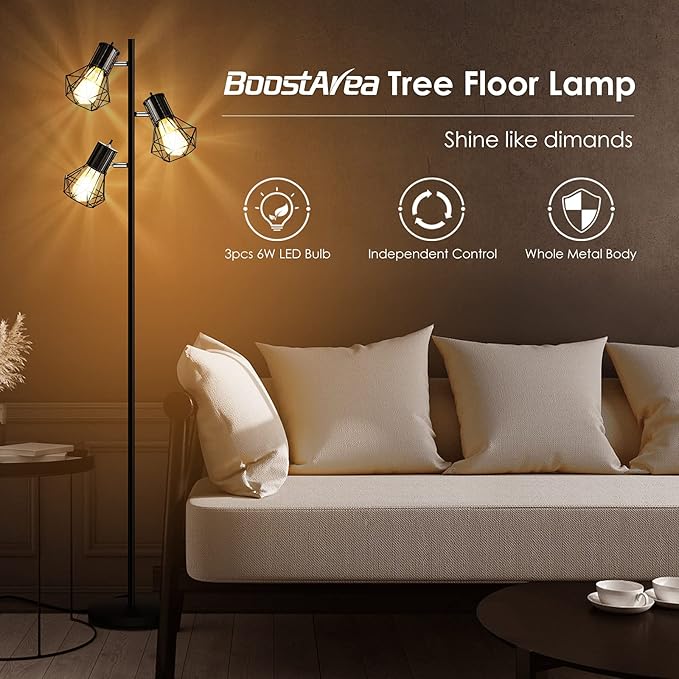 Industrial Floor Lamp, Standing Lamp, Farmhouse Tree Floor Lamp with 3pcs 6W Edison Bulbs, Free Adjustable Cage Heads, Independent Control, Floor Lamp for Living Room, Bedroom, Office, Rustic Home - LeafyLoom