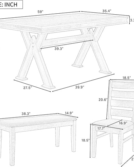 Retro 59" L Rectangular Unique Legs and 4 Upholstered Chairs & 1 Bench, Rubber, Easy Assembly, for Kitchen, Room, 6 Piece Dining Table Set, Natural Wood Wash 11 - LeafyLoom