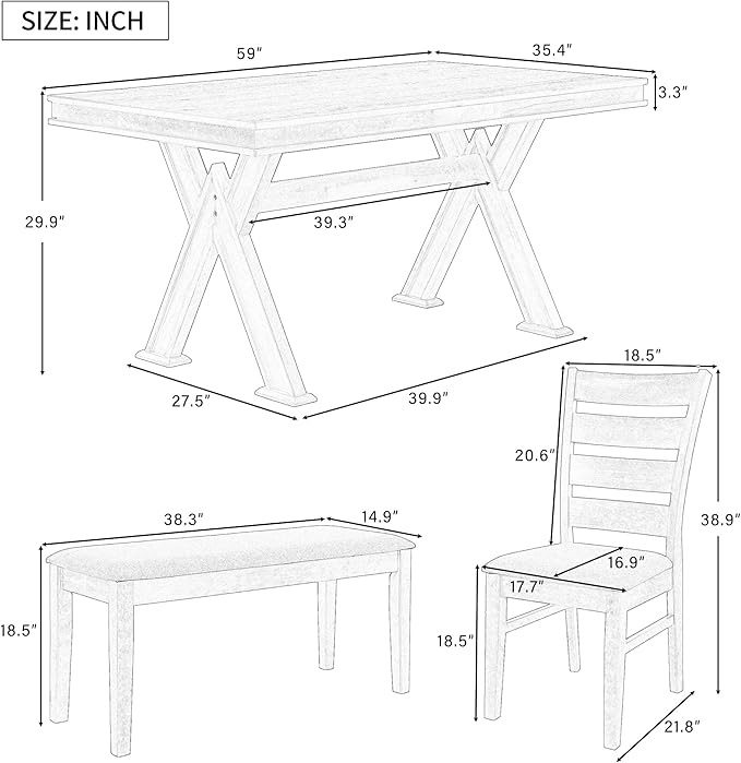 Retro 59" L Rectangular Unique Legs and 4 Upholstered Chairs & 1 Bench, Rubber, Easy Assembly, for Kitchen, Room, 6 Piece Dining Table Set, Natural Wood Wash 11 - LeafyLoom