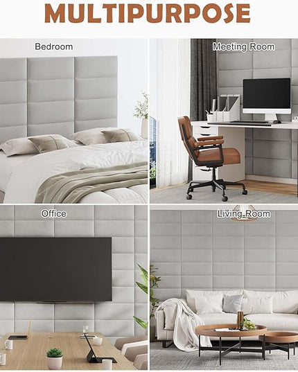 Wall Mounted Upholstered Headboard Queen, 3D Peel and Stick Soundproof Wall Panels, Reusable and Removable Padded Headboard Leather Bed Headboard, 9 Panels Headboard 9.84" x 23.62", Light Grey - LeafyLoom