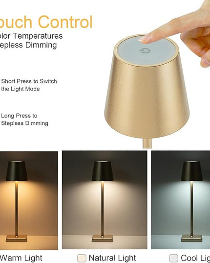 2 Pack Cordless Table Lamp Rechargeable LED Desk Lamp 5200mAh Aluminum Shell Battery Lamps Stepless Dimmable Portable Table Lights for Dinner/Restaurant/Outdoor IP54 Waterproof Gold - LeafyLoom