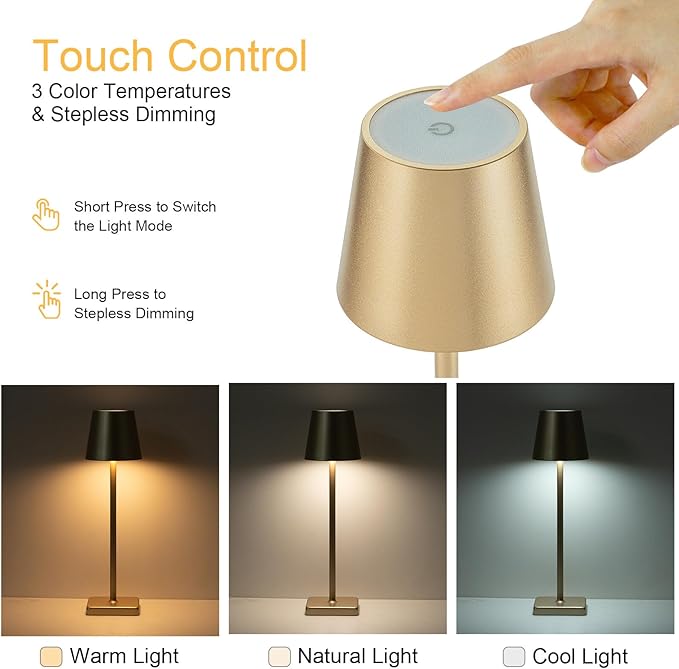 2 Pack Cordless Table Lamp Rechargeable LED Desk Lamp 5200mAh Aluminum Shell Battery Lamps Stepless Dimmable Portable Table Lights for Dinner/Restaurant/Outdoor IP54 Waterproof Gold - LeafyLoom