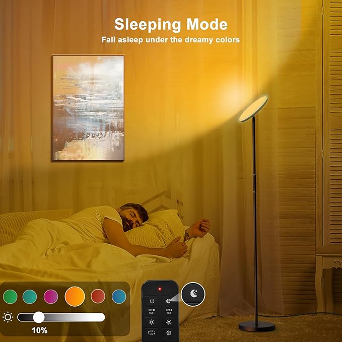 LED Floor Lamp, 3600LM 36W RGB Standing Lamp with Multi-Color Light Scenes, Modern Torchiere Sky Lamp with Remote & Touch Control, 2700K-6500K Stepless Dimming Room Lamp for Living Room Bedroom Office - LeafyLoom