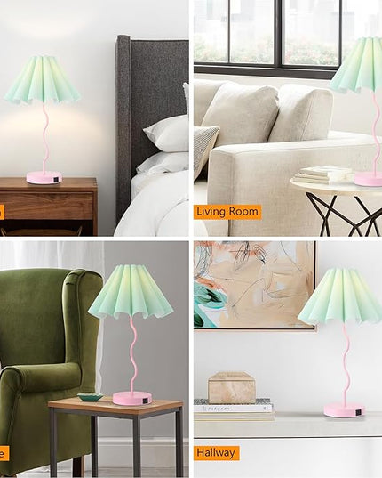 Table Lamp for Bedroom Nightstand Modern Touch Green Pink Lamp Dimmable Lamp for Living Room End Table with USB Port and Outlet - LeafyLoom