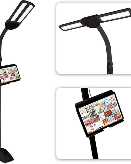 OttLite Dual Shade LED Standing Floor Lamp with Adjustable Stand - Wide Range of Illumination with Built-in 2.1A USB Charging Port and Flexible Neck - 4 Brightness Settings for Reading & Studying - LeafyLoom