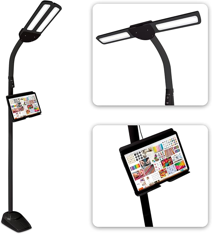 OttLite Dual Shade LED Standing Floor Lamp with Adjustable Stand - Wide Range of Illumination with Built-in 2.1A USB Charging Port and Flexible Neck - 4 Brightness Settings for Reading & Studying - LeafyLoom