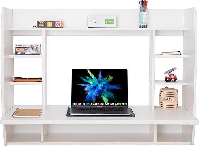 Wall Mount Laptop Office Desk with Shelves, White, - LeafyLoom