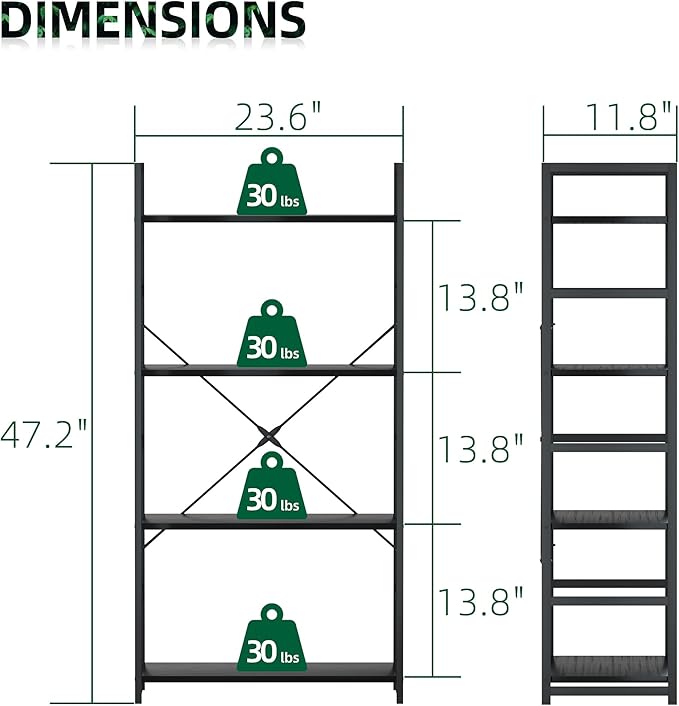 OTK 4 Tier Bookshelf, Tall Bookcase, Office Shelf Storage Organizer, Modern Book Shelf for Living Room, Bedroom, and Home Office, Black - LeafyLoom