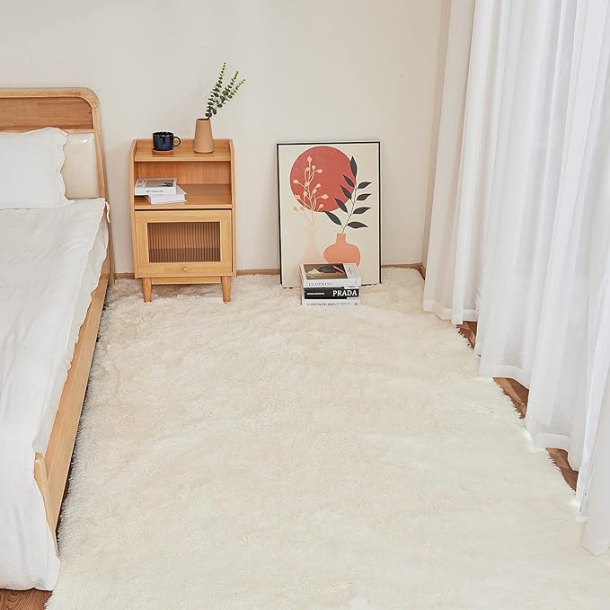 YOBATH Fluffy Shag Area Rug, Rugs for Bedroom 4x6 Feet, Plush Shaggy Rug for Living Room, Indoor Modern Bedside Rug for Kids Girls Boys Room, Shag Carpet for Dorm Nursery Room, Cream White - LeafyLoom