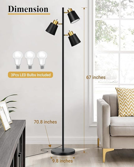 QiMH Tree Floor Lamps for Living Room, 67" Modern Standing Floor Lamp with 3 LED Bulb, Industrial Tall Lamp Reading Lighting for Bedroom Study Office Decor, 3 Rotatable Light Heads, Black Gold - LeafyLoom