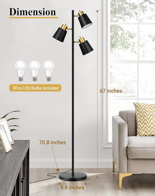 QiMH Tree Floor Lamps for Living Room, 67" Modern Standing Floor Lamp with 3 LED Bulb, Industrial Tall Lamp Reading Lighting for Bedroom Study Office Decor, 3 Rotatable Light Heads, Black Gold - LeafyLoom