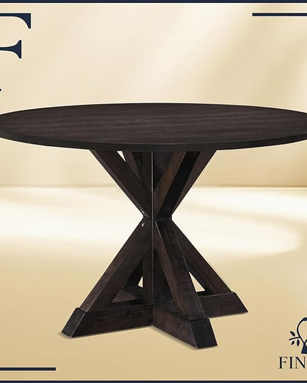Finch Alfred Round Solid Wood Rustic Dining Table for Farmhouse Kitchen Room Decor, Wooden Trestle Pedestal Base, 46.5" Wide Circular Tabletop, Distressed Dark Brown - LeafyLoom