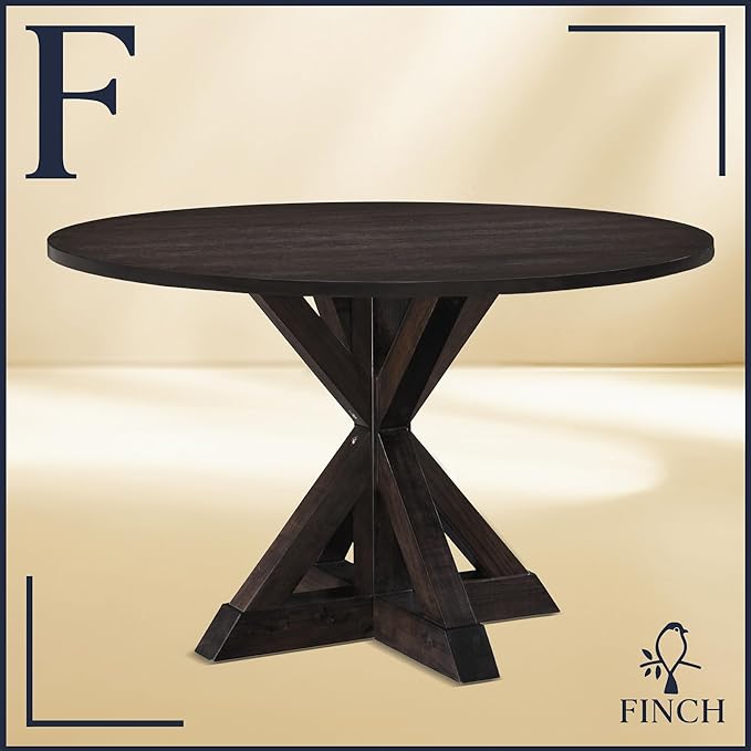 Finch Alfred Round Solid Wood Rustic Dining Table for Farmhouse Kitchen Room Decor, Wooden Trestle Pedestal Base, 46.5" Wide Circular Tabletop, Distressed Dark Brown - LeafyLoom