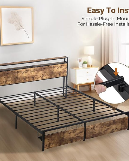 LED Full Bed Frame with 2 Storage Drawers & Headboard, Platform Metal Bed Frame with Charging Station, Noise-Free, No Box Spring Needed, Vintage Brown - LeafyLoom