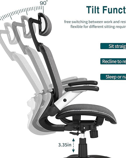 GABRYLLY Ergonomic Mesh Office Chair, High Back Desk Chair - Adjustable Headrest with Flip-Up Arms, Tilt Function, Lumbar Support and PU Wheels, Swivel Computer Task Chair, Grey - LeafyLoom