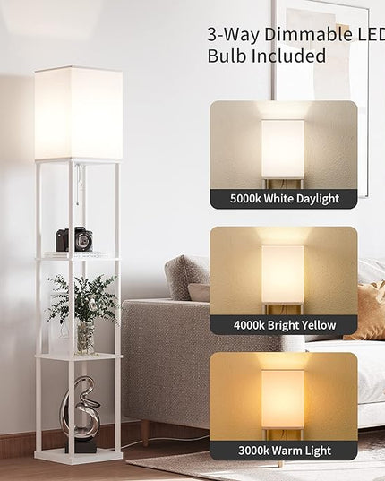 SUNMORY Shelf Floor Lamp with 3-Way Dimmable LED Bulb, Modern Square Standing Lamp with Shelves and White Shade, Corner Display Bookshelf Lamp for Living Room and Bedroom(White) - LeafyLoom