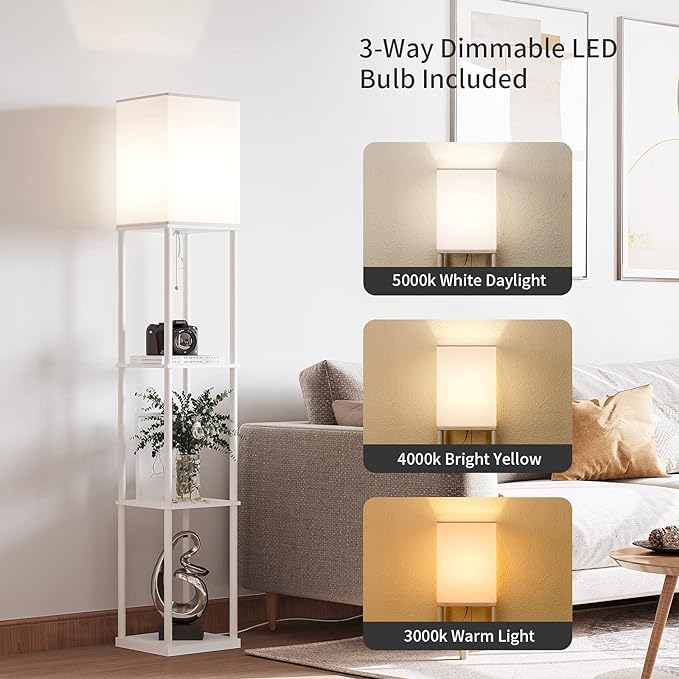 SUNMORY Shelf Floor Lamp with 3-Way Dimmable LED Bulb, Modern Square Standing Lamp with Shelves and White Shade, Corner Display Bookshelf Lamp for Living Room and Bedroom(White) - LeafyLoom