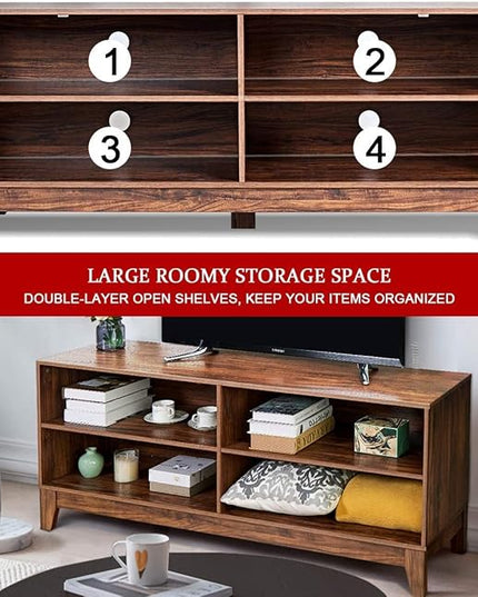 LUARANE TV Stand for TVs, up to 55 65 Inch, Console Table Cabinet MDF Storage Console, with 4 Open Storage Shelves, 4 Cord Management Holes, for Living Room and Entertainment Room (Dark-brown) - LeafyLoom