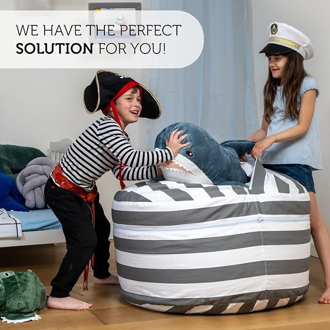 2 Sizes in 1 Stuffed Animal Storage Bean Bag Chair Cover for Kids & Adults | Washable XL Stuffie Seat | 100% Cotton | Pouf Organizer for Plush Toys, Linens, Quilts & Pillows | Royal Grey - LeafyLoom