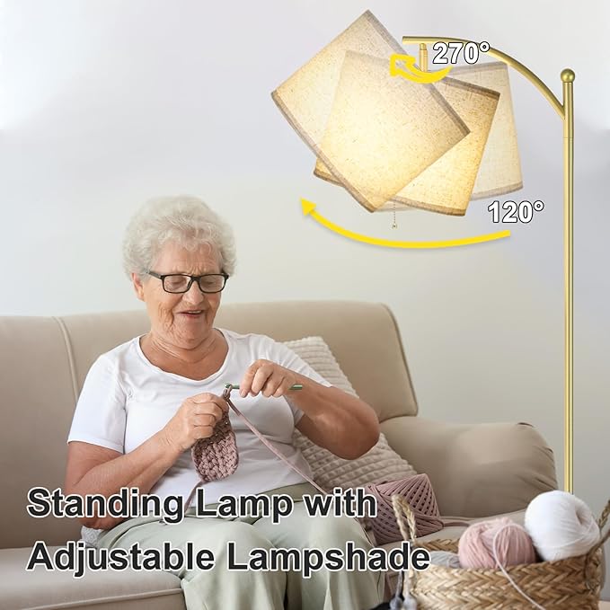 Floor Lamp for Living Room, Dimmable Standing Lamp Tall with Linen Shade Modern Floor Lamps Foot-step Switch Reading Lamp for Living Room Bedroom Office Dining Room, 9W Bulb Included (Gold) - LeafyLoom