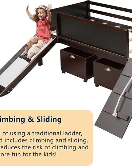 Twin Size Low Loft Bed with Slide and 2 Storage Boxes,Kids Low Loft Bed Frame with Climbing and Chalkboard,Solid Loft Bed Twin for Boys,Girls,Espresso - LeafyLoom