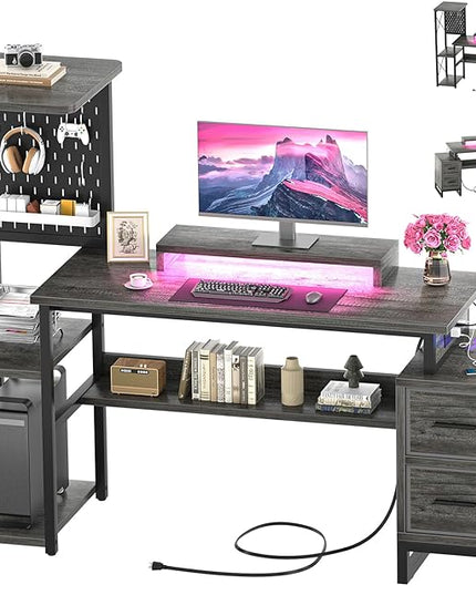Computer Desk with 2 Fabric Drawers - Reversible Home Office Desk with Power Outlet & LED Lights, 53" Writing Desk with Monitor Stand & Storage Shelves, Gaming Desk Study Table with Pegboard, Grey Oak - LeafyLoom