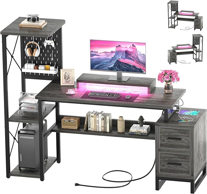 Computer Desk with 2 Fabric Drawers - Reversible Home Office Desk with Power Outlet & LED Lights, 53" Writing Desk with Monitor Stand & Storage Shelves, Gaming Desk Study Table with Pegboard, Grey Oak - LeafyLoom