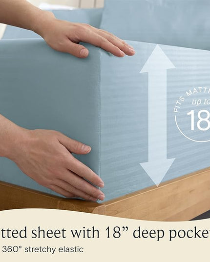 LuxClub 6 PC Cal King Size Sheet Set Bed Sheets, Breathable Luxury Bed Sheets, Deep Pockets 18" Wrinkle Free Cooling Bed Sheets Machine Washable Hotel Bedding (Cal King, Striped Light Blue) - LeafyLoom