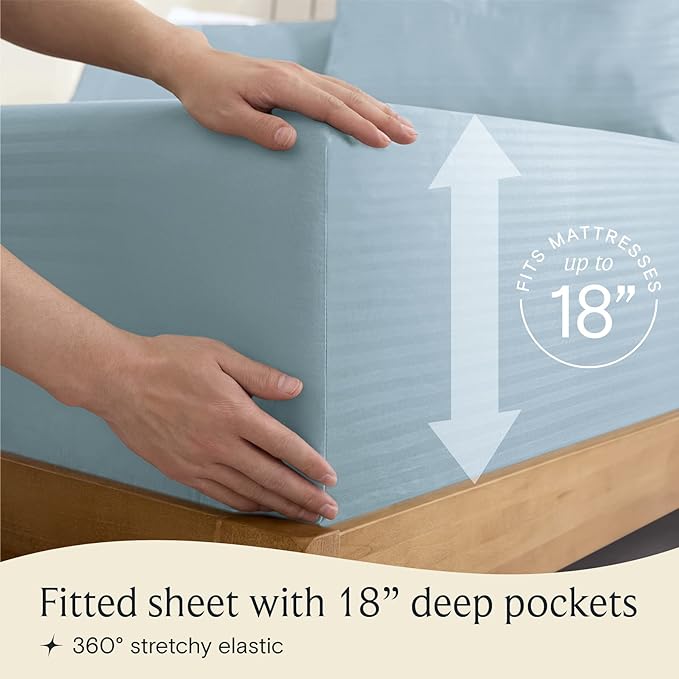 LuxClub 6 PC Cal King Size Sheet Set Bed Sheets, Breathable Luxury Bed Sheets, Deep Pockets 18" Wrinkle Free Cooling Bed Sheets Machine Washable Hotel Bedding (Cal King, Striped Light Blue) - LeafyLoom