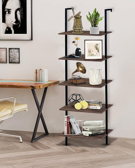 5 Tiers Ladder Shelf Brown Modern Bookshelf Open Tall Wall Mount Bookcase Standing Leaning Wall Shelves Industrial Decorative Living Room Bed Room - LeafyLoom
